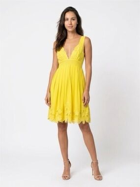 Bright Yellow Catherine Malendrino Lace-Trim V-Neck Dress